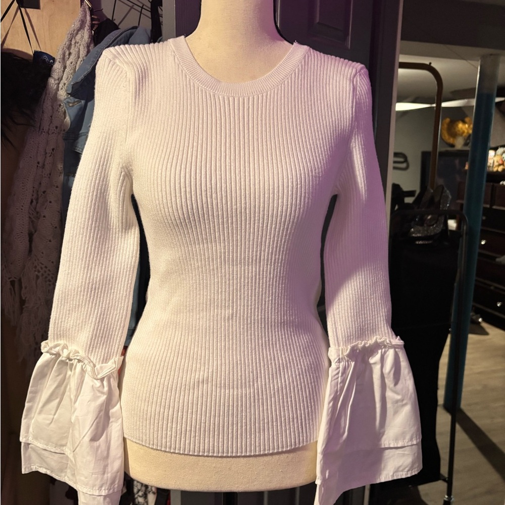 BRAND NEW NT MAEVE By Anthropologie White Ribbed Blouse with Ruffled Sleeves